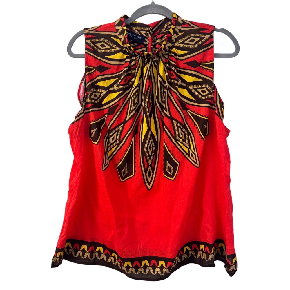 Jones New York Signature Woman 2X Red Silk Blend Top Geometric Bohemian Tribal